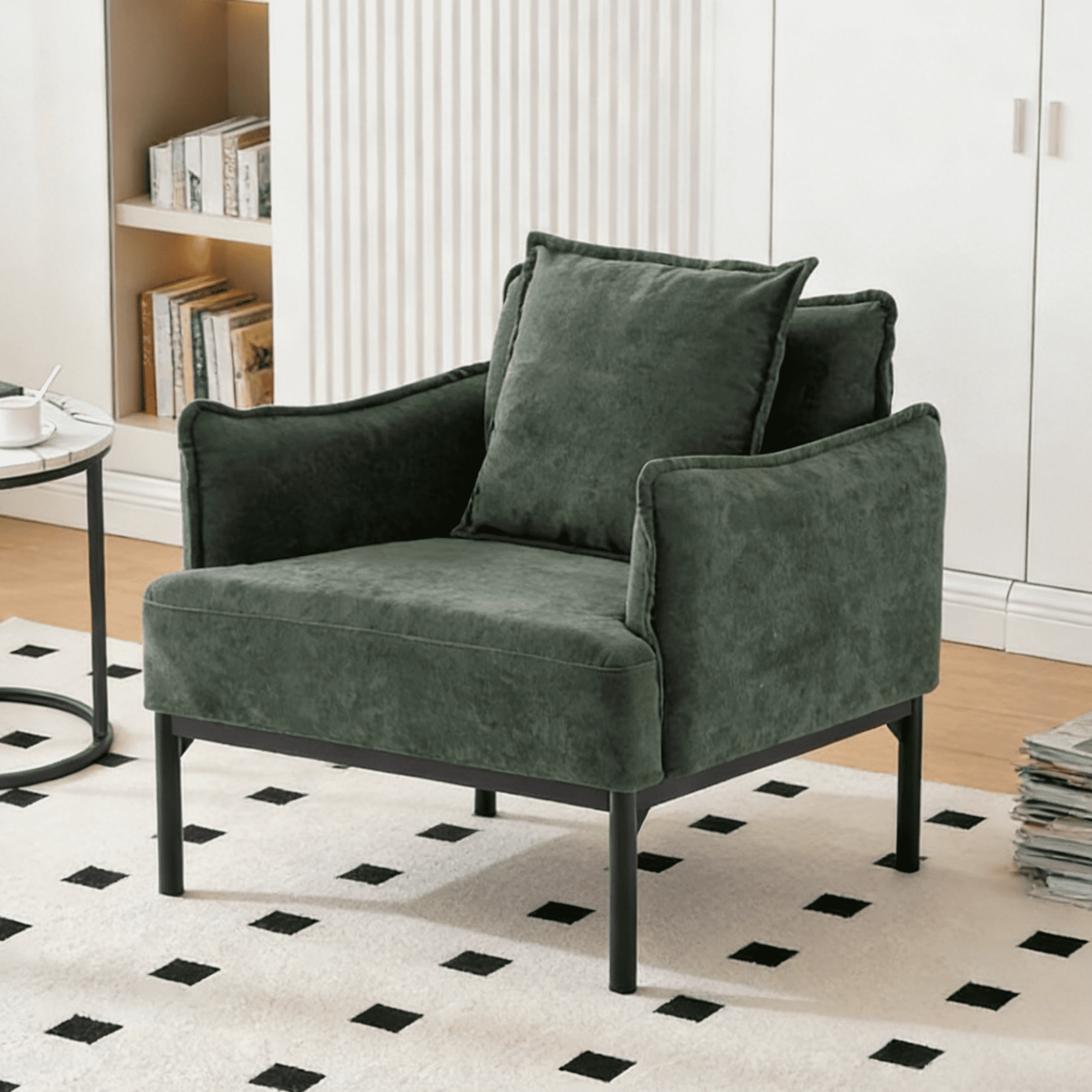 Gewnee Modern Accent Chair,32 Inch Curved Armrest Fabric Chair with Pillow,Lounge Chair for Living Room,Bedroom,Office,Green