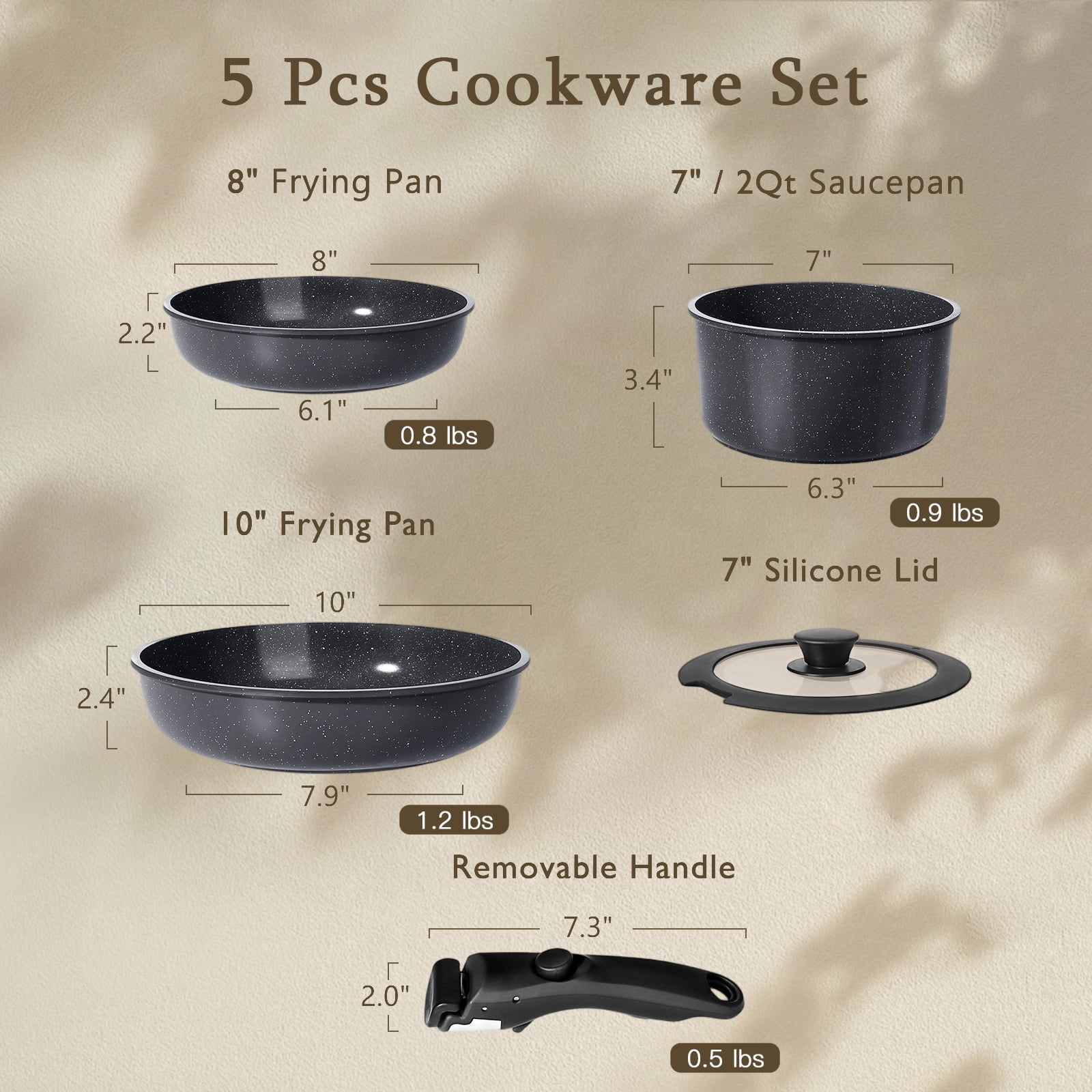 GiPP 5Pcs Ceramic Pots and Pans Set Nonstick Cookware Sets Removable Handle Kitchen,Oven Safe, Induction Ready