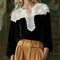 thumbnail image 6 of YFNNUP Velvet Tops for Women Lace Patchwork Mesh Top Elegant Babydoll Long Puff Sleeve Blouse V Neck Ruffle Vintage Shirts, 6 of 6