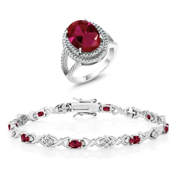 Gem Stone King 7.94 Cttw Oval Red Created Ruby Ring and Bracelet Jewelry Set for Women | 925 Sterling Silver | Size 6