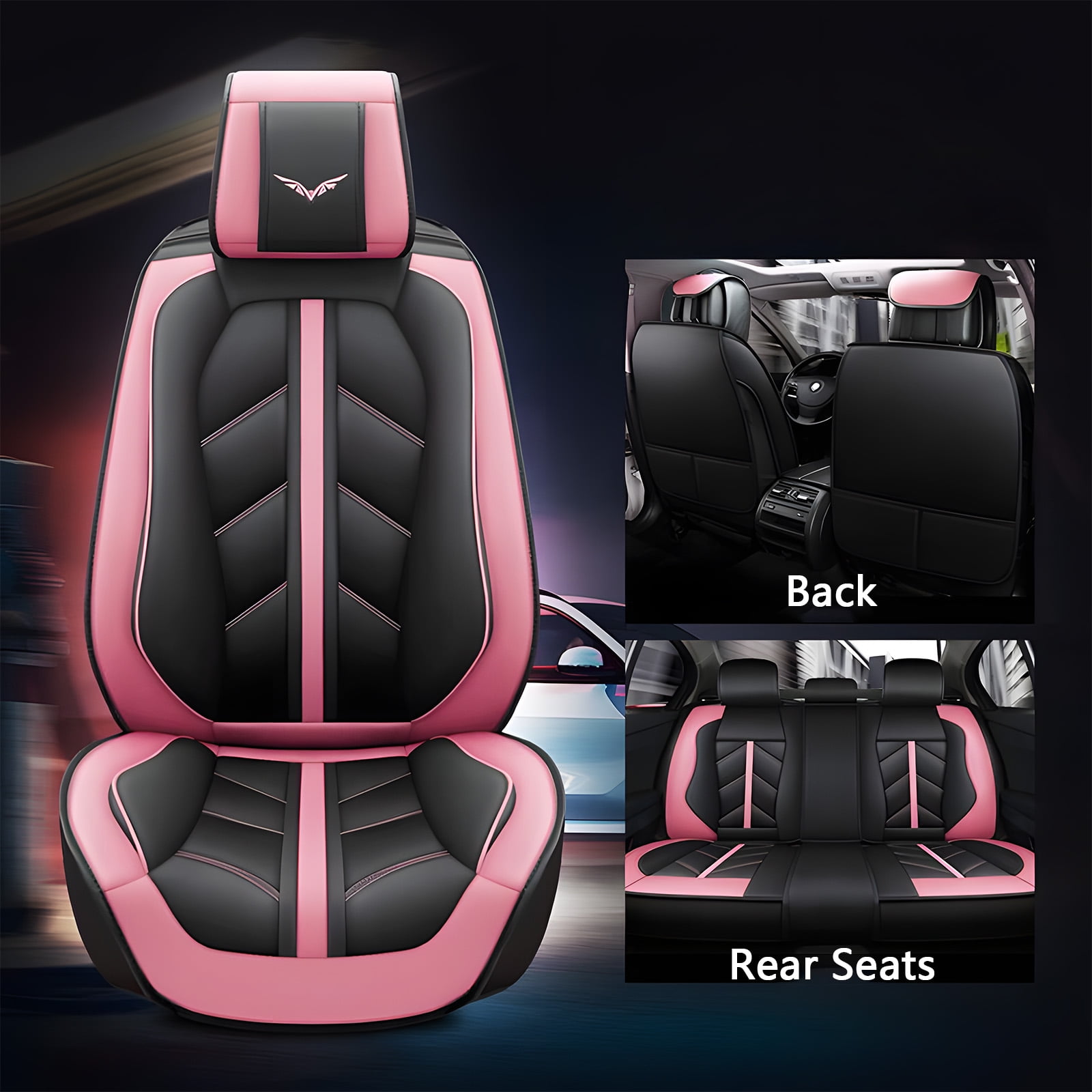 OTOEZ Universal Car Seat Cover Pink PU Leather 5 Seats, Front Rear Seat Protector Full Set, Waterproof Cushion Fit Most Honda Toyota Chevy Ford Nissan Vehicle Truck SUV