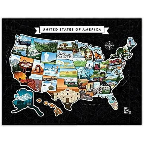 See Many Places Scratch Off Map of The United States, 28x22" Framable Poster Travel Map of USA with Custom State Pictures & Gold Foiling for Home Wall Decor, Black