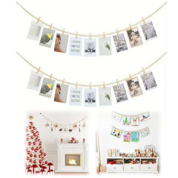 Photo Display Wall Decor, 2PCS Boho Wooden Bead Garland with 9 Wood Clips, Picture Hanger for Bedroom, Living Room, Office and Dorm