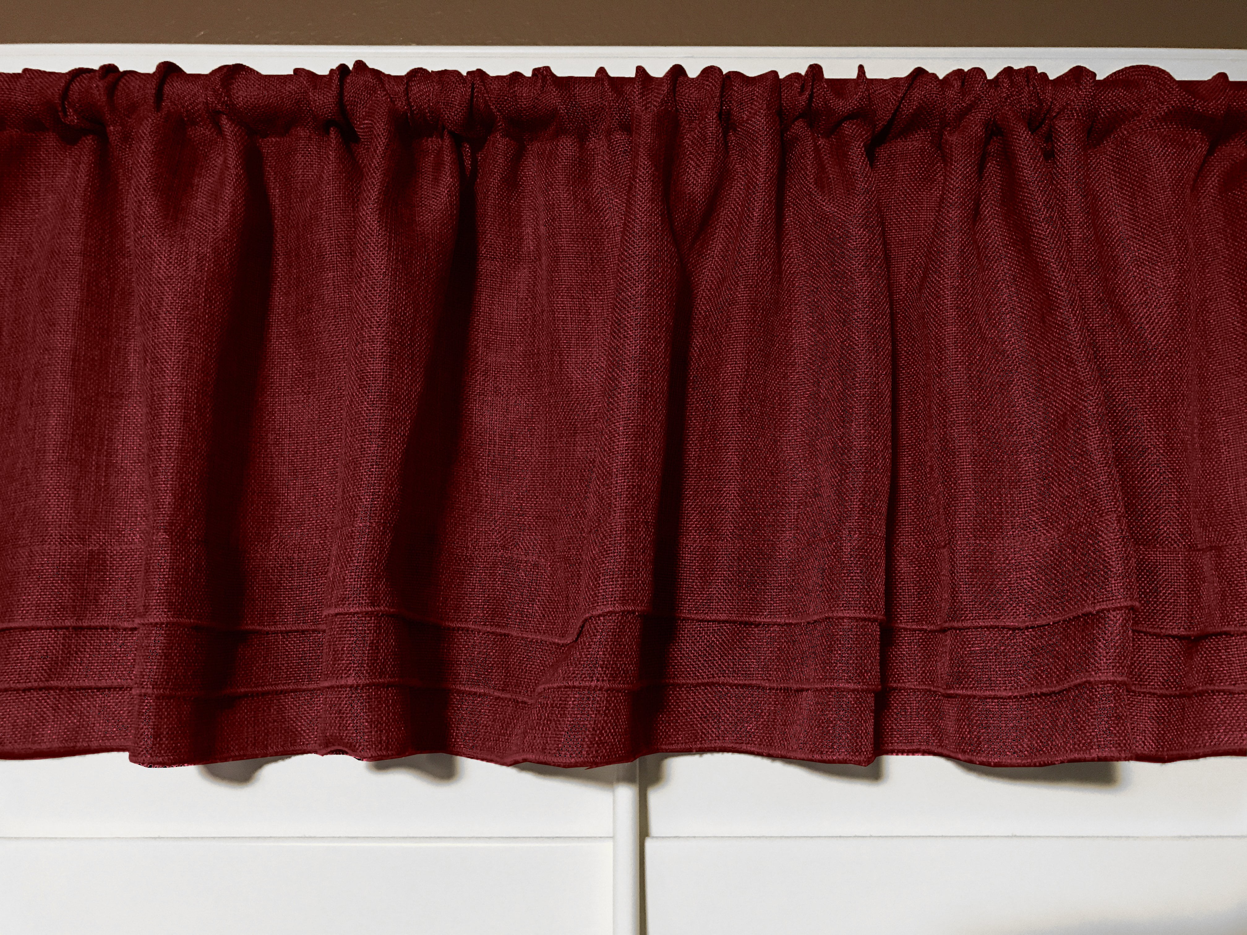 faux burlap window valance 58 wide burgundy with pleated ruffles