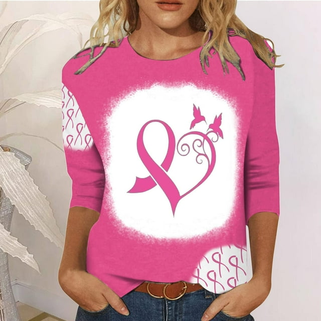 TIMIFIS Chandails de Sensibilisation au Cancer du Sein pour Femmes Ruban Chandail à Manches Longues Blouse Imprimée T-shirt Ample Blouse à Manches 3/4 Col Rond Hauts Décontractés Automne/hiver