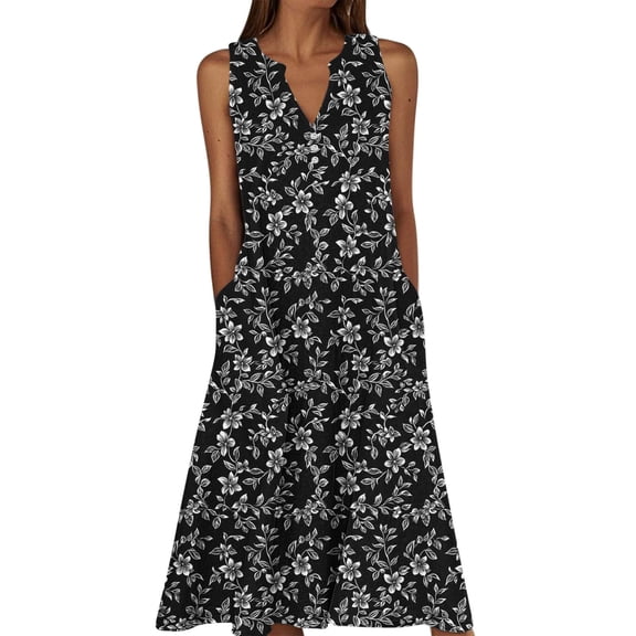 cocolona Womens Summer Plus Size Boho Floral Dress Button V Neck Sleeveless Ruffle Flowy Long Dress Vacation Beach Sundress with Pockets