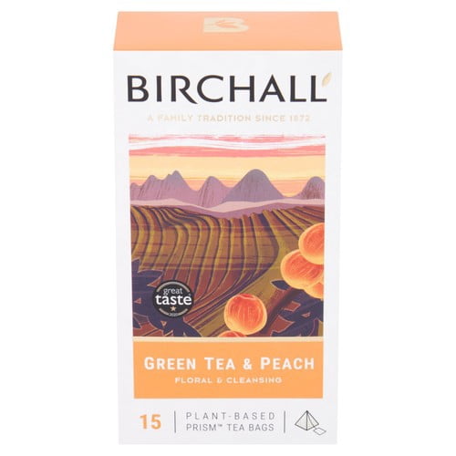 Birchall Green Tea & Peach Tea Bags 15's, British Import (Pack of 3)