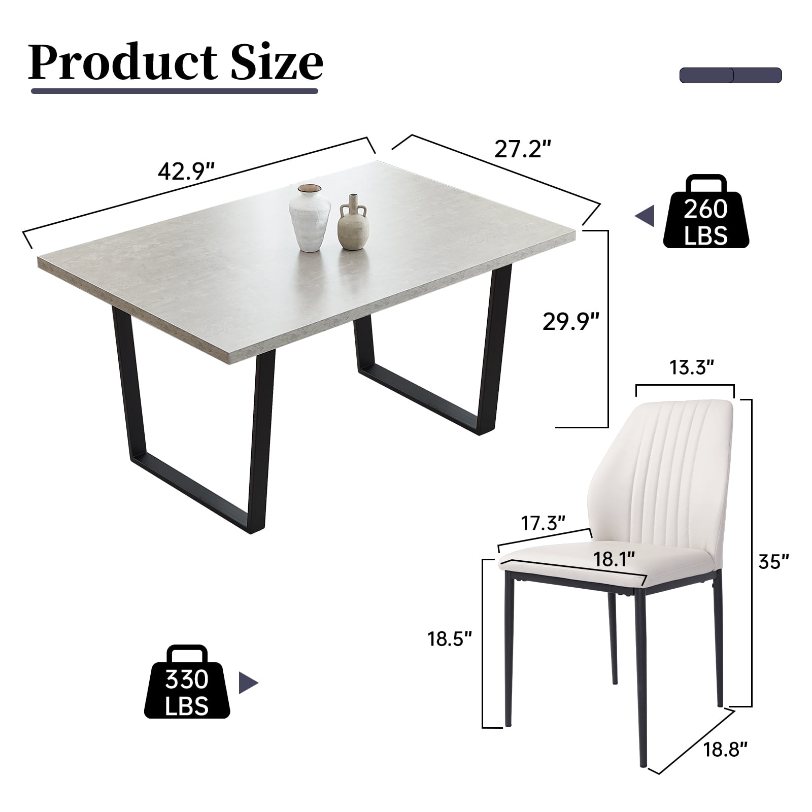 5 Piece Dining Table Set, 42.9 Inch Modern Kitchen Dining Table and Leather Dining Chairs for Kitchen Dining Room (Table + 4 White Chairs)