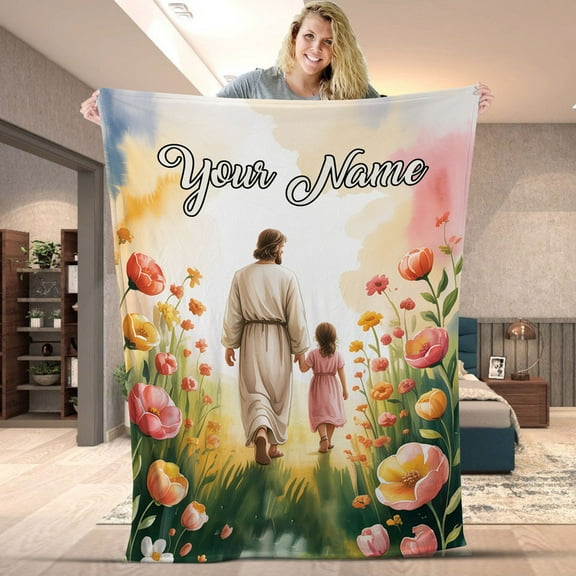 Personalized Jesus Walking With Little Girl Floral Blanket, Custom Name Religious Throw Blanket, Christian Faith Gift, Floral Spiritual Cozy Fleece & Sherpa, Inspirational Home Decor