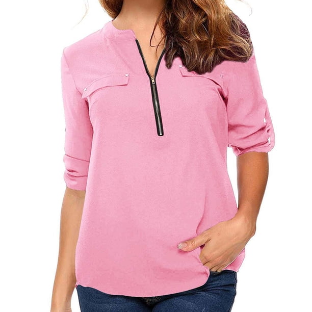 ICHUANYI Clearance Women's Summer Long Sleeve Zip Casual Tunic V-Neck Rollable Blouse Tops(Pink, L) ICHUANYI WER2023081107834