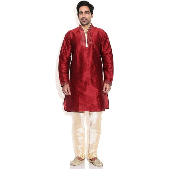 Royal Men's Silk Blend Maroon Hineck Emboirdered Kurta Churidar
