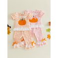 thumbnail image 3 of RUINIXCW Toddler Baby Girl Halloween Outfit Infant Baby Girl Summer Fall Clothes Cute Pumpkin Ghost Embroidery Short Sleeve Plaid Shirt Tops Flared Pants Set, 3 of 9