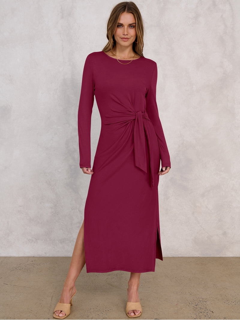 ANRABESS Womens 2026 Spring Long Sleeve Maxi Dress Crewneck Tie Waist Slit Casual Long T Shirt Dresses Winter Trendy Outfits Burgundy XX-Large