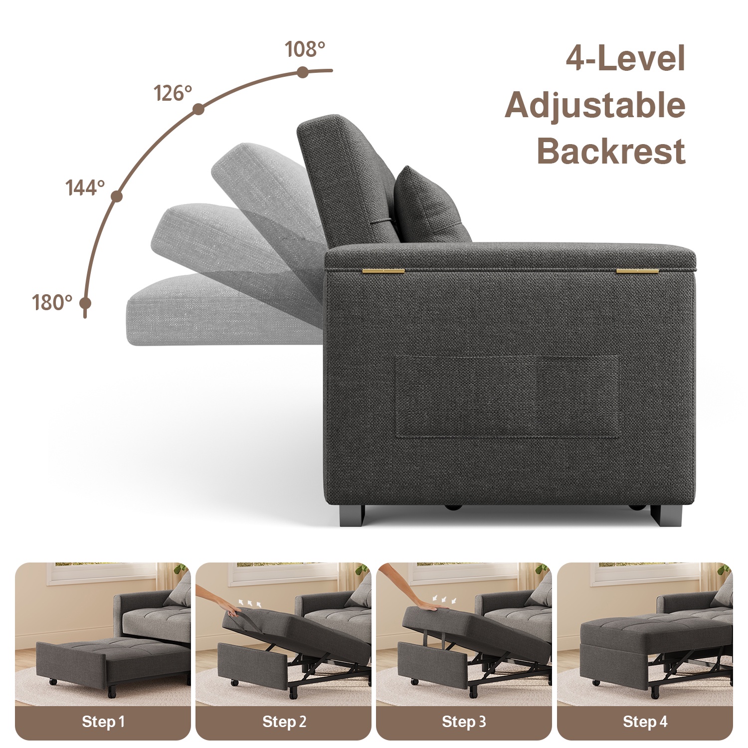 Noelse 87" 3-in-1 Convertible Sofa Bed, Dark Gray photo 6