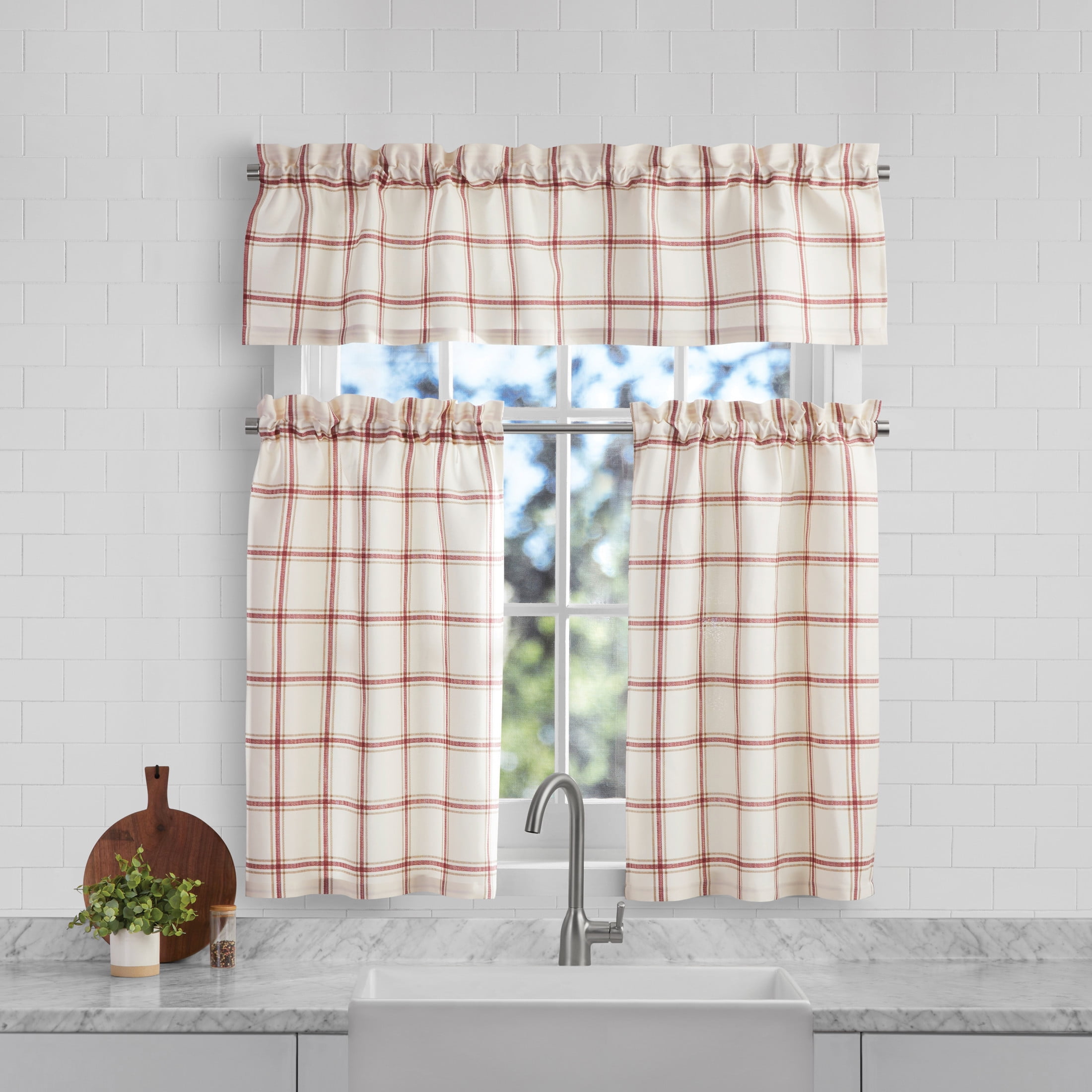 Mainstays 3 Pieces Printed Tier Sets Red Plaid, Recycled Polyester, BCI Cotton, 56"W x 14"L, Indoor Curtain, Indoor Curtain, Adult