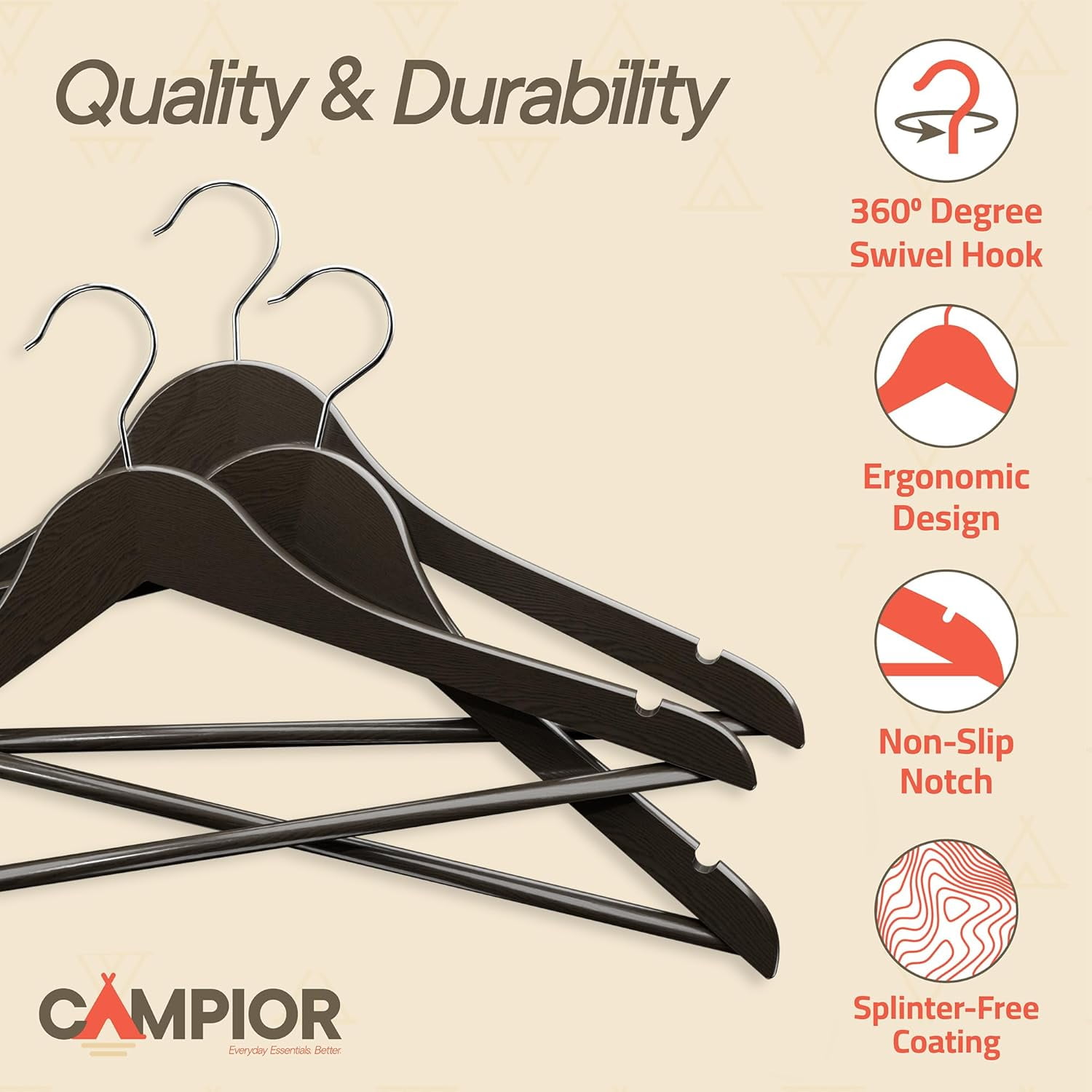 Vintage Wooden Hangers 10 Pack – Heavy-Duty with 360° Swivel Hook, Non-Slip, Pants Bar & Shoulder Grooves - Wooden Hangers for Suits, Jackets, Dresses & Camisoles, Space-Saving and Smooth Finish