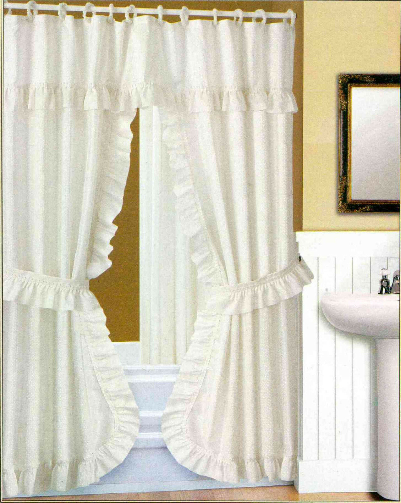 DOUBLE SWAG FABRIC SHOWER CURTAIN, LINER, RINGS, DOBBY DOT DESIGN