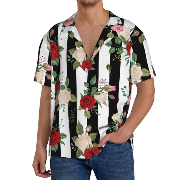 Balery Rose Flowers Camisa Casual de Manga Corta con Botones para Hombre, Texturizada, Estilo Cubano, para Playa, Verano-XX-Large