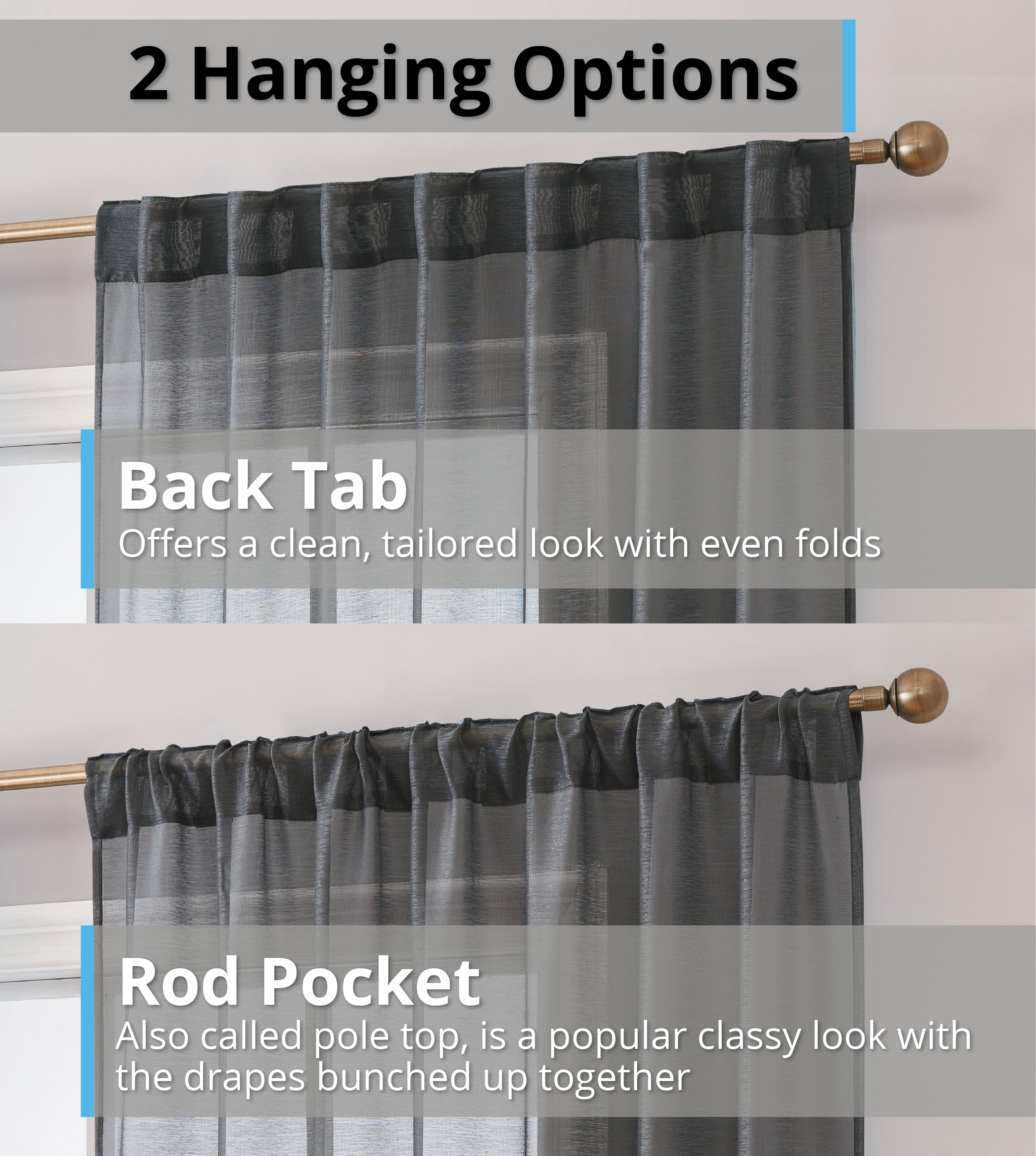 THD Scarlett Semi Sheer Pocket Top & Back Tab Lightweight Window Curtains Drapery Panels, 2 Panels