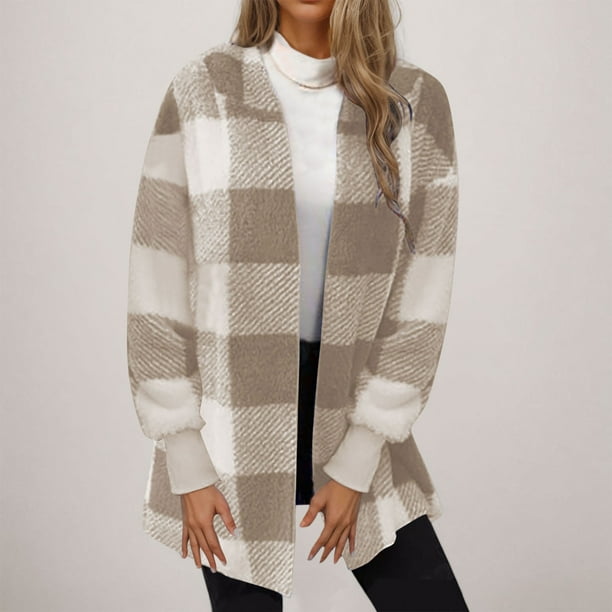 Chaqueta y abrigo informal de manga larga sin capucha para mujer, de invierno, de polar de doble cara, a cuadros, de manga larga, tipo cárdigan, abrigo, blusa de poliéster
