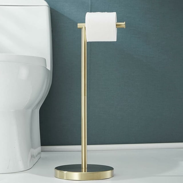 Support de Porte-Papier Toilette Autoportant, Base Lourde Assure la Stabilité, Hauteur Réglable de 12.4 Pouces à 22.8 Pouces, Acier Inoxydable Antirouille pour Toutes Tailles de Rouleaux de Papier Toilette, Finition Or Brossé Gain de Place