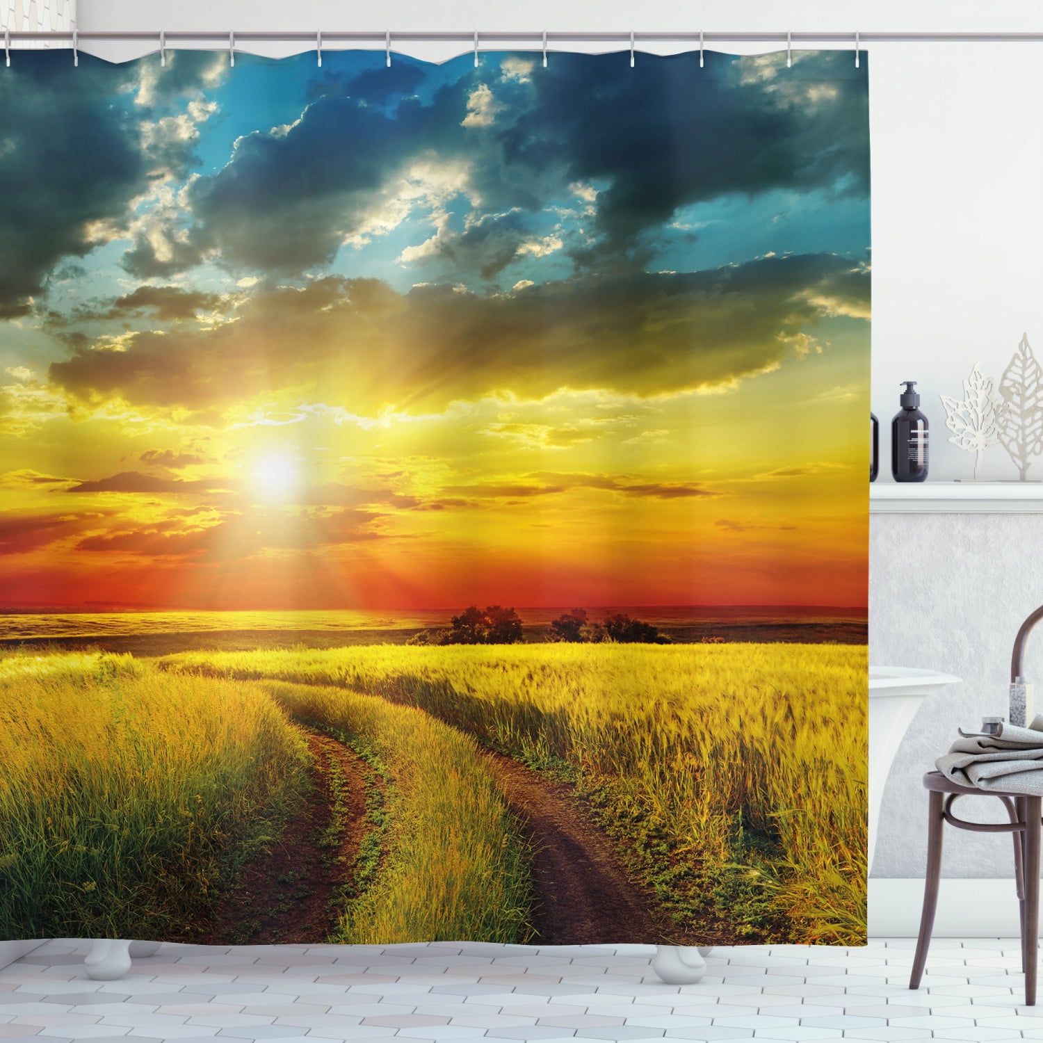 Landscape Shower Curtain, Country Farm Scenery During Dawn or Sunset
