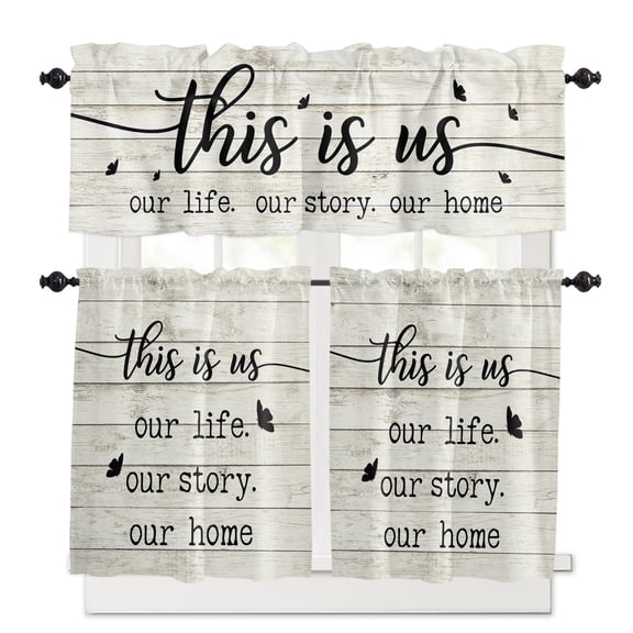 Farmhouse Butterfly Kitchen Curtains and Valances Set, 3 Piece Kitchen Curtains Set 36 Inch Length, Rustic Retro Wooden Striped Rod Pocket Curtains Tier Farmhouse Window Curtains