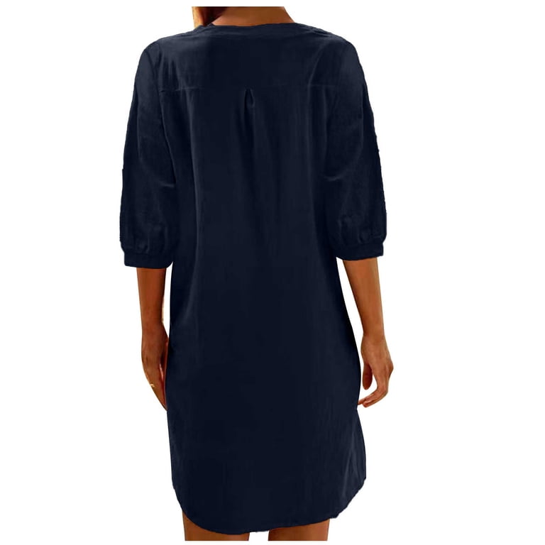 QUYUON Mini Dresses with Pockets for Women 2023 Button up Round Neck Short  Sleeve Linen Dress Summer Beach Sundress Loose Casual Blouse Shirt Short  Dress Style D-5874 Navy M - Walmart.com