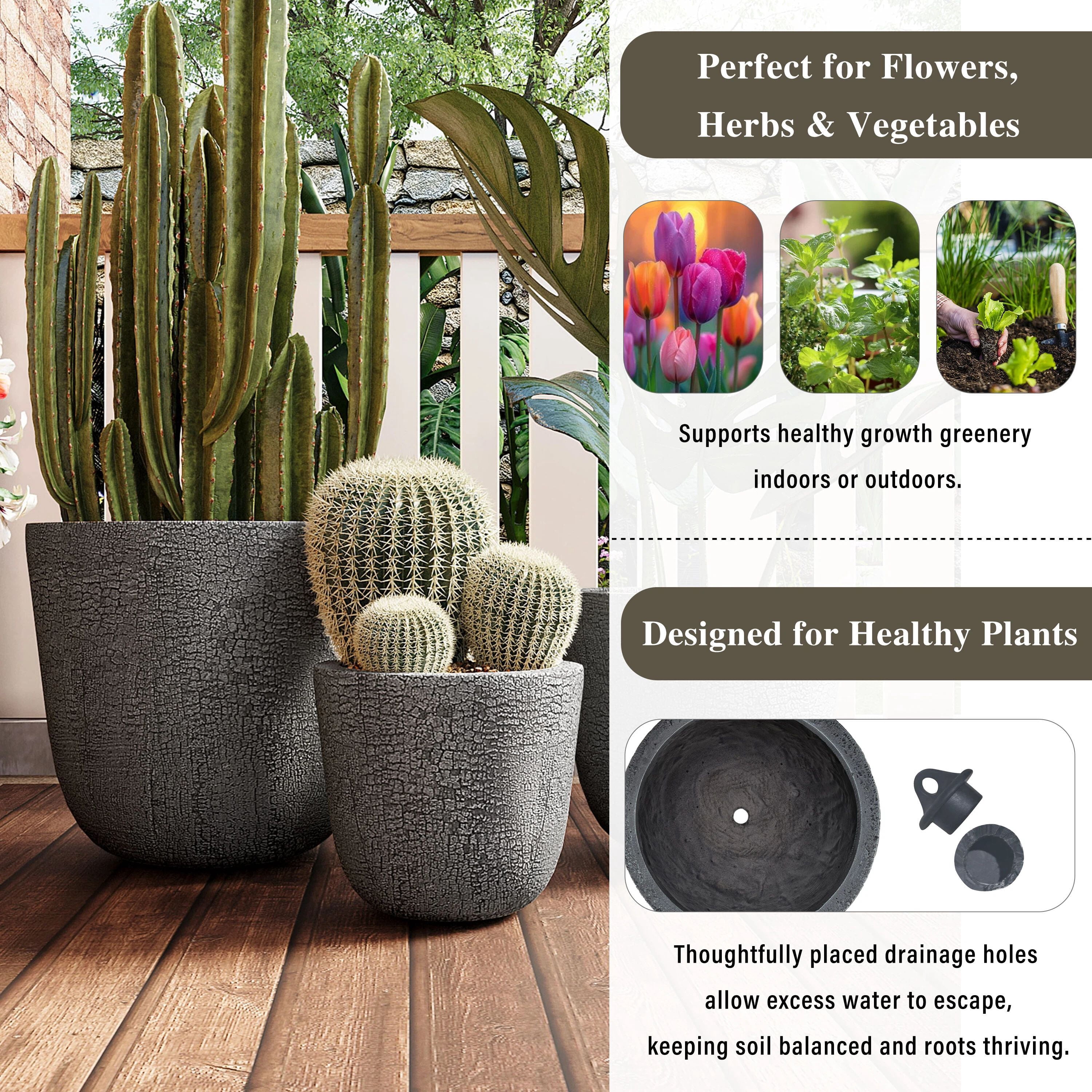 Euroco Large Concrete Planter Set of 3, 16.93"+13.78"+11.02" Dia Round Stackable Flower Pots with Drainage Holes and Rubber Plug,Modern Decorative Pots for Patio Garden Balcony Indoor Outdoor