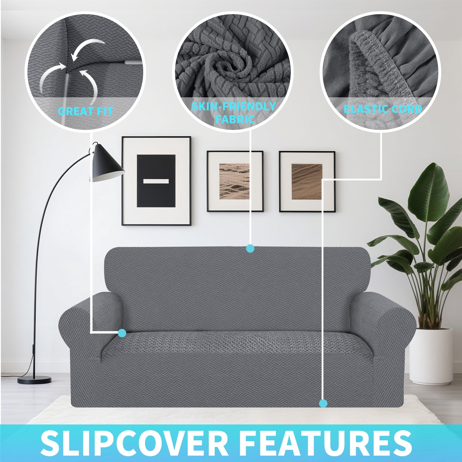 Stretch Loveseat Sofa Cover Slipcover,Couch Covers for 2 Cushion Couch Sofa (57"-72.8") Furniture Protector Sofa with Elastic Bottom for Kids,Dog, Jacquard Pattern, Dark Gray