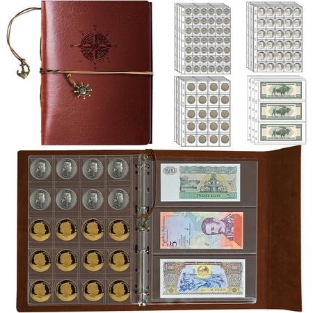 Coin Collection Book Holder for Collectors,428 Pockets Coin Collection Supplies & 12 Sleeves Paper Money Currency Album, Display Storage Case for All Coins (Brown)