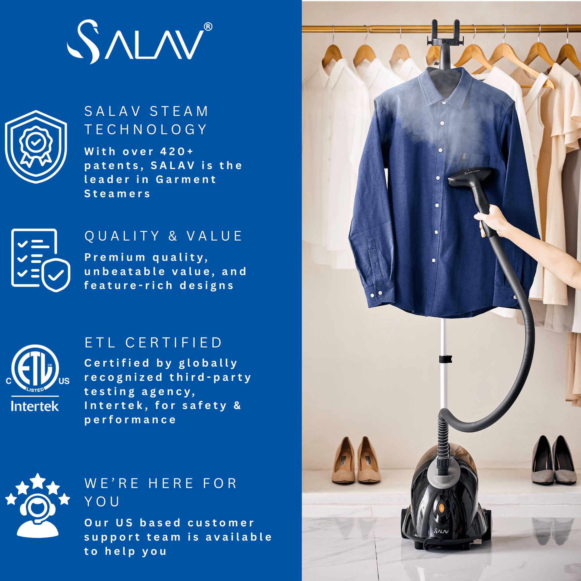 SALAV Black Continuous Steam Upright Standing Garment Steamer with Extra Large Water Tank