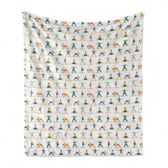Yoga Soft Flannel Fleece Throw Blanket, Cartoon Style People Doing Yoga in Various Poses Colorful Characters Illustration, Cozy Plush for Indoor and Outdoor Use, 70" x 90", Multicolor, by Ambesonne