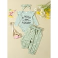 thumbnail image 3 of Aojekbee Baby Girls 3Pcs Fall Outfits Long Sleeve Romper + Floral Print Belted Pants + Headband Set Newborn Clothes, 3 of 10