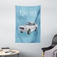 thumbnail image 1 of Road Trip Tapestry, Retro Style Typography on Classic Sport Car Coupe Drive Fast Lane, Wall Hanging for Bedroom Living Room Dorm Decor, 40W X 60L Inches, Pale Azure Blue and Pearl, by Ambesonne, 1 of 2