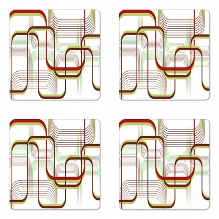 

Modern Coaster Set of 4 Geometric Contemporary Wavy Lines with Abstract Shapes Designs Art Image Square Hardboard Gloss Coasters Standard Size Khaki Burgundy White by Ambesonne