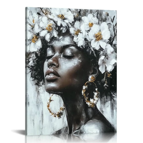 Yang Black and White African Black Person Picture Decor Wall Art Girl with Flowers on Head Painting Canvas Artwork Suitable for Bathroom Women'S Room Walls