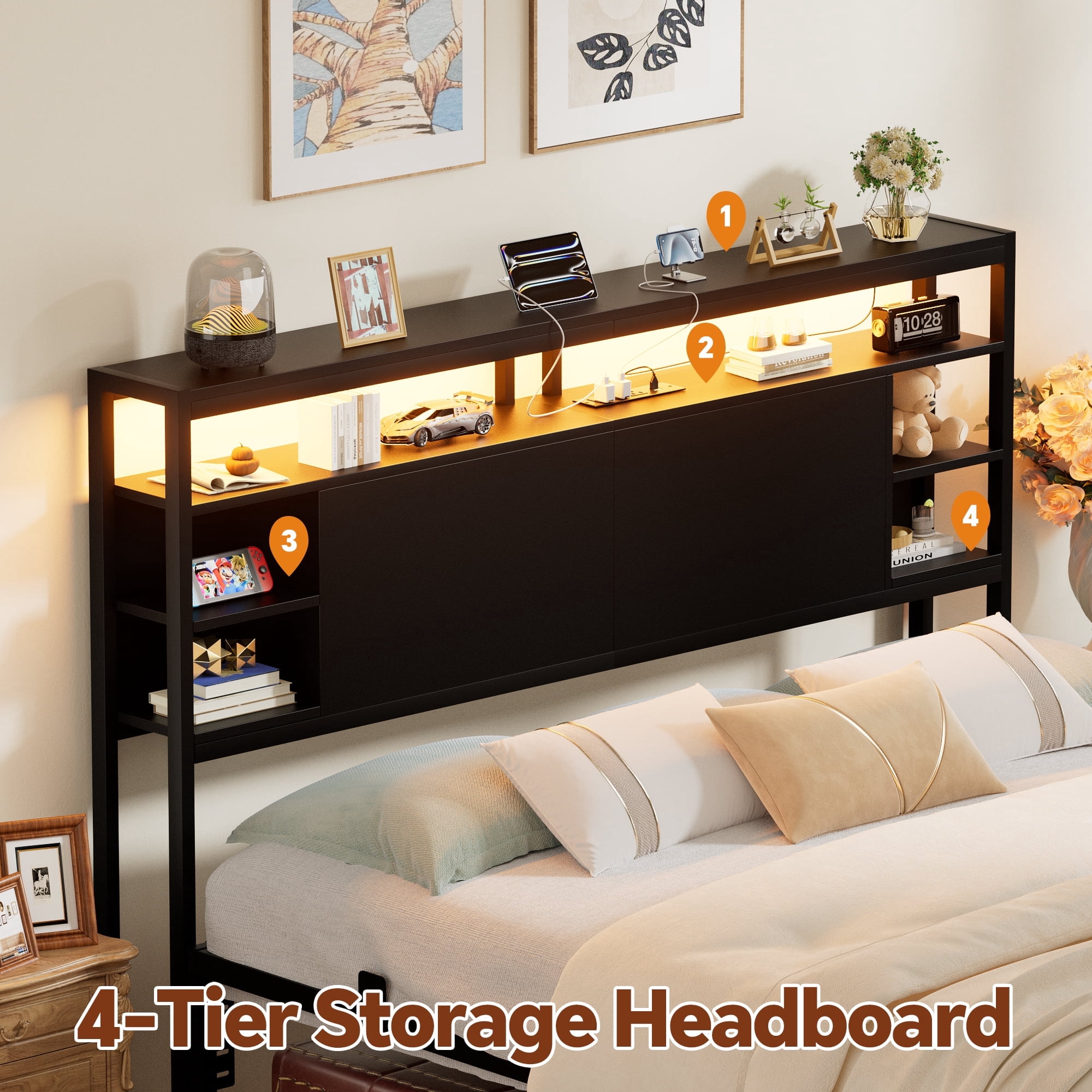 Homieasy Queen Headboard with Storage, Headboards with Power Outlets and Smart LED Light, Sturdy Head Board for Queen Size Bed, Black