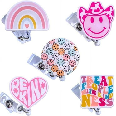 YJ Premiums 5pcs Cute Nurse Badge Reel Retractable Name Tag ID Clip Holder (Retro Pink Cowboy Smiley Face Be Kind Heart Rainbow)