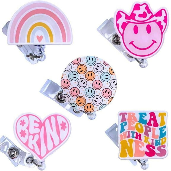 YJ Premiums 5pcs Cute Nurse Badge Reel Retractable Name Tag ID Clip Holder (Retro Pink Cowboy Smiley Face Be Kind Heart Rainbow)