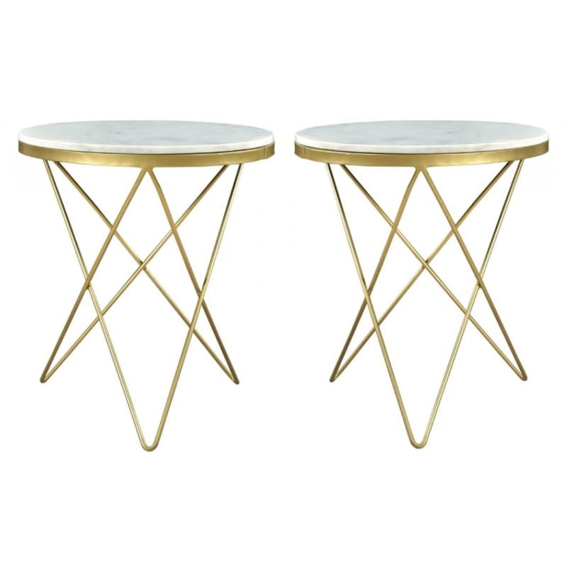 Home Square Marble Top Round Side Table in Gold Finish Set of 2