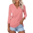 thumbnail image 2 of Htigea V Neck 3/4 Sleeve Shirt for Women Plain Summer Tees Casual Loose Top Lightweight Daily Wear Watermelon Red,L, 2 of 5