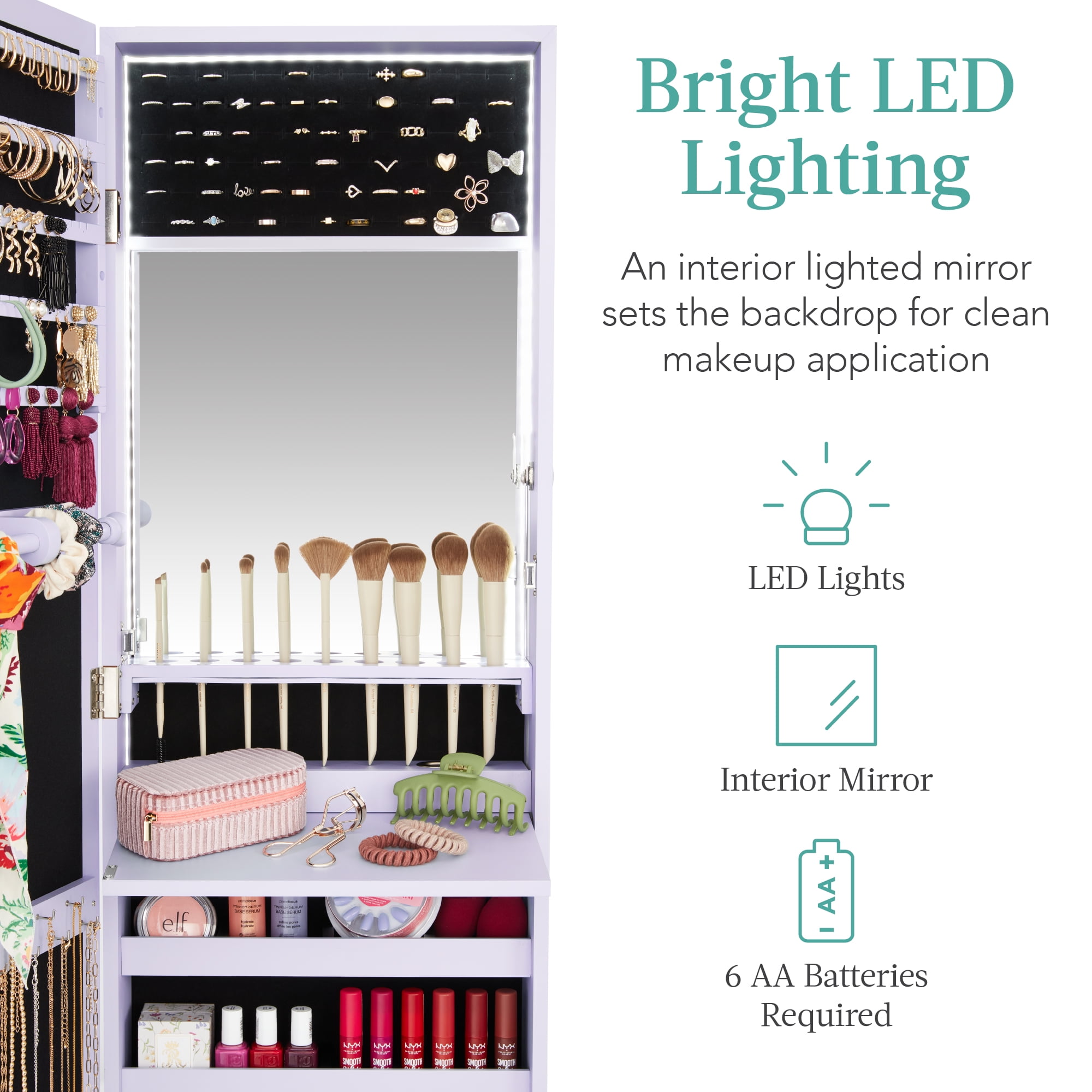 Best Choice Products Hanging Mirror Jewelry Armoire, Door or Wall Mounted Cabinet w/ LED Lights, Lock - Lavender