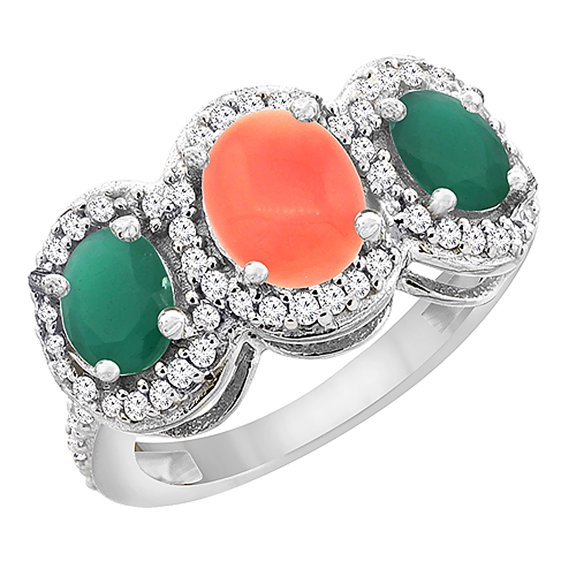 10K White Gold Natural Coral & Emerald 3-Stone Ring Oval Diamond Accent, size 5