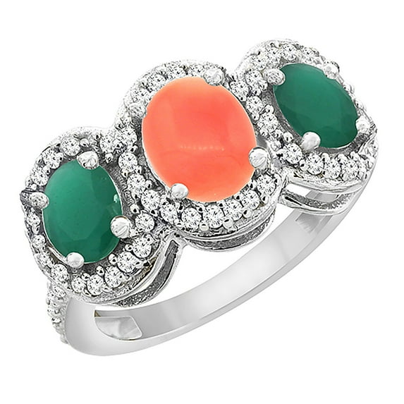 10K White Gold Natural Coral & Cabochon Emerald 3-Stone Ring Oval Diamond Accent, size 6