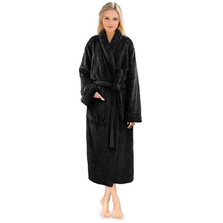 

PAVILIA Premium Womens Plush Soft Robe Fluffy Warm Fleece Sherpa Shaggy Bathrobe (S/M Black)