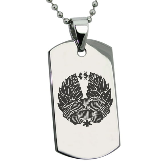 Tioneer Stainless Steel Tsugara Samurai Crest Engraved Dog Tag Pendant Necklace