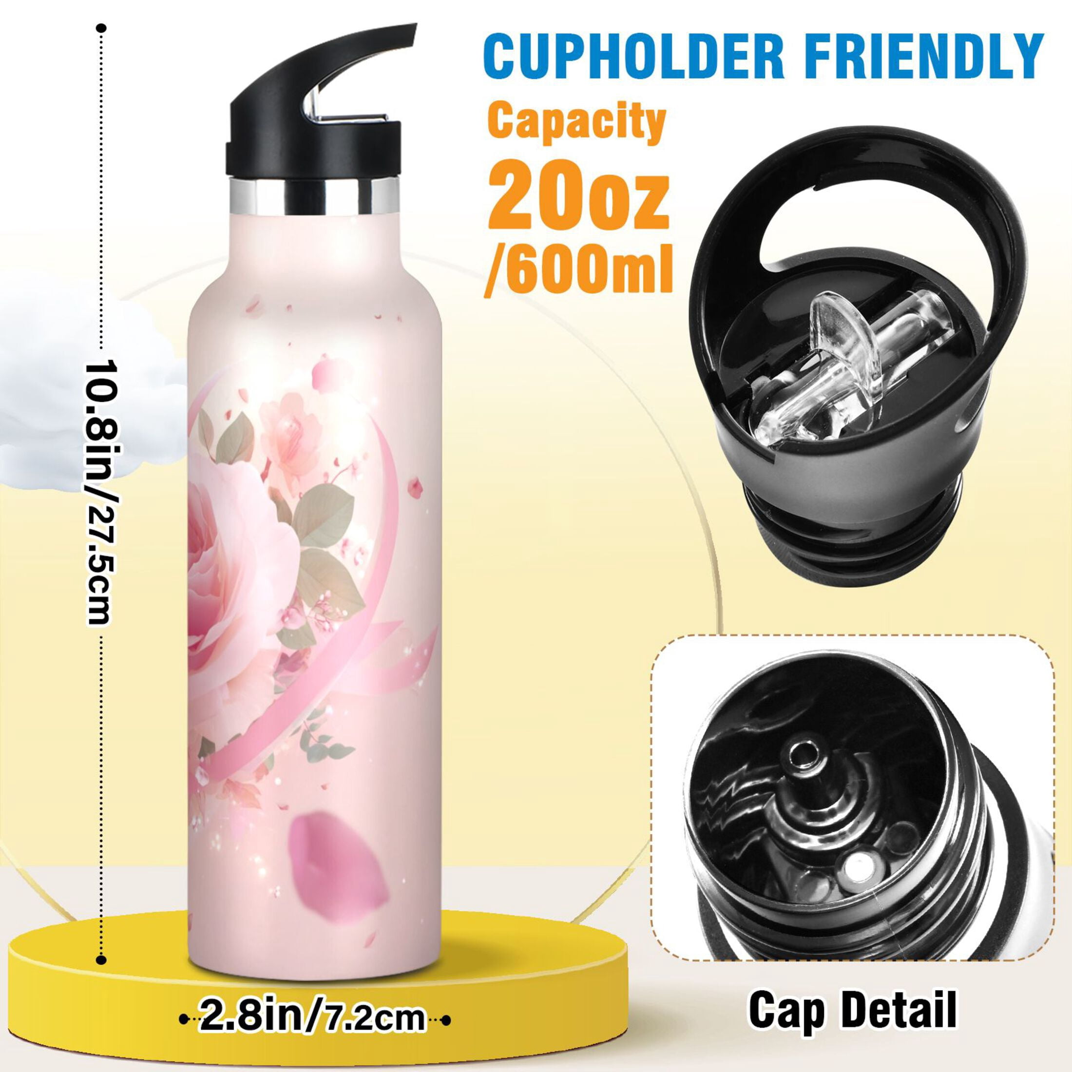 Kids Insulated Stainless Steel Sports Water Bottle 600ml Pink Rose Pattern