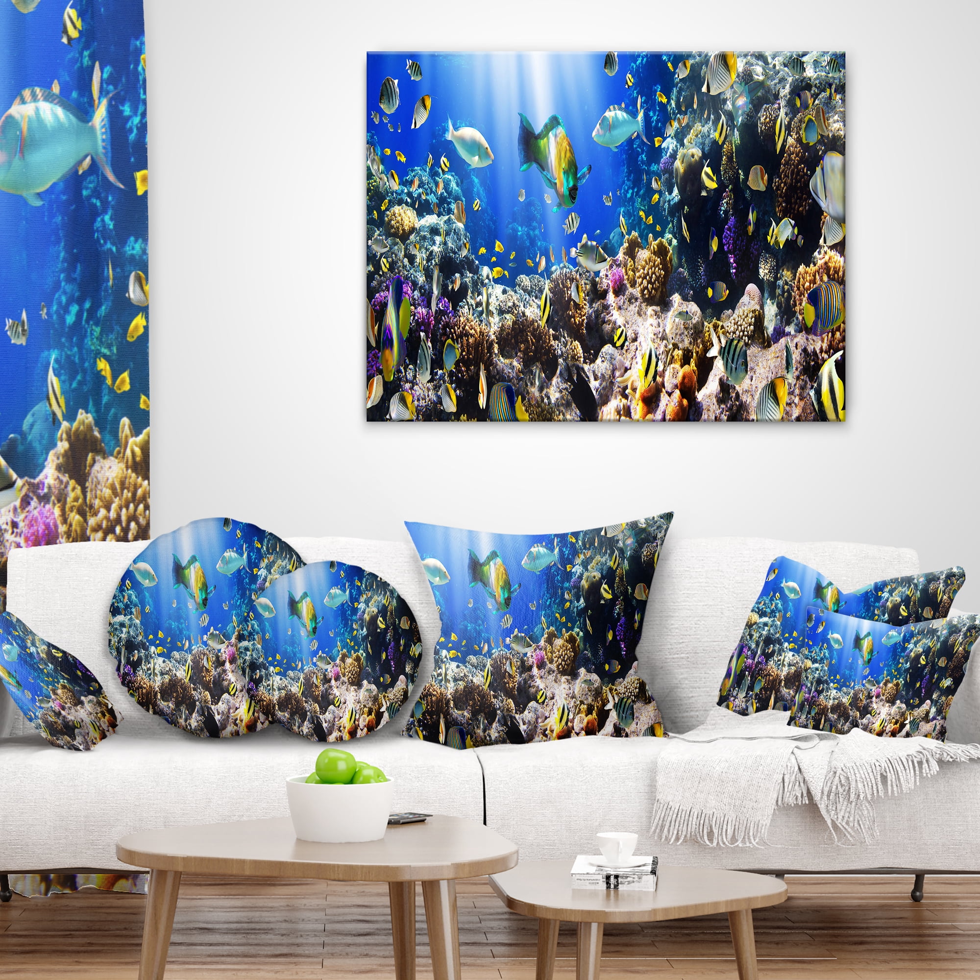 Designart Coral Colony and Coral Fish - Seascape Throw Pillow - 12x20