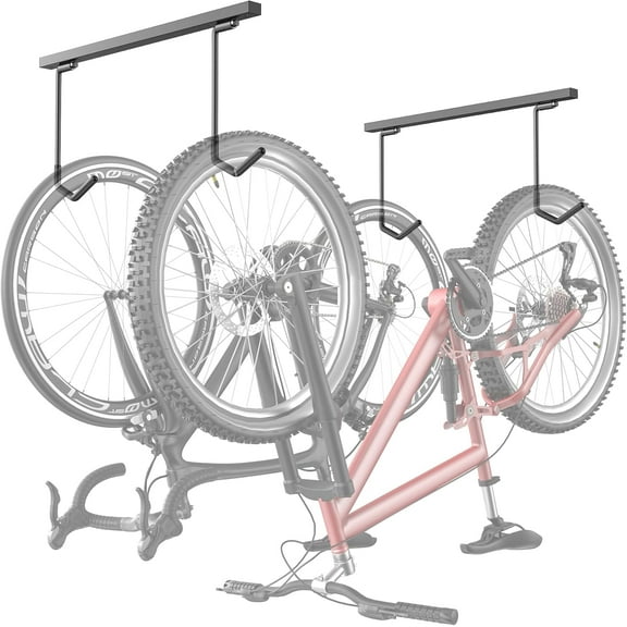 Overhead Bike Rack for Garage, Ceiling-Mounted Bicycle Storage Hooks for 2 Bikes (Horizontal) or 4 Bikes (Vertical), Adjustable Bicycle Hooks for Mountain, Road Bike